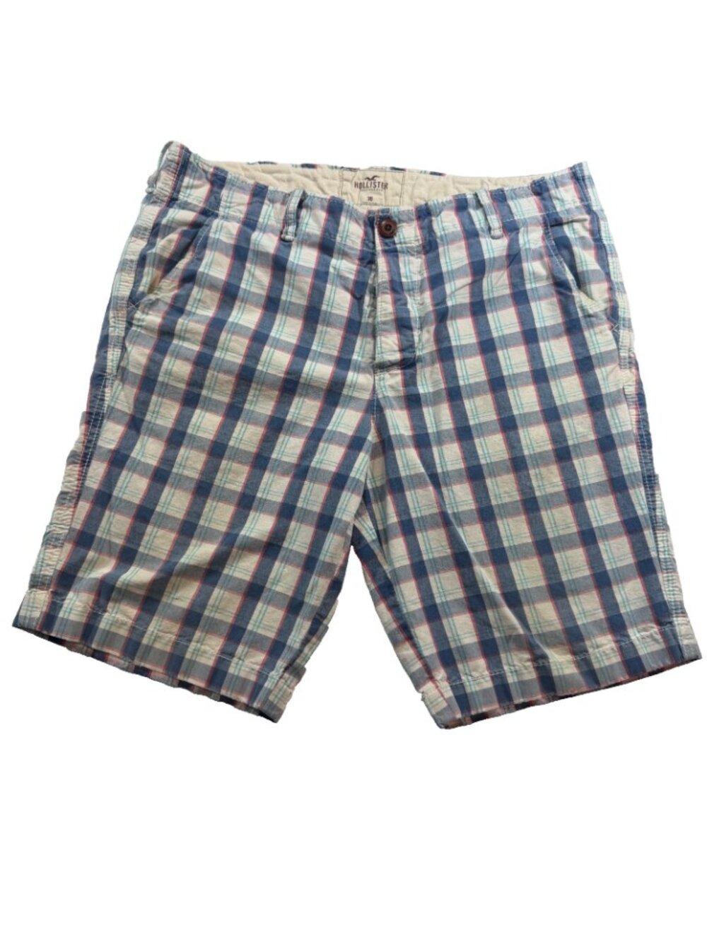 Hollister Plaid Shorts Mens 36 Blue Red White Casual Flat Front Cotton - Picture 2 of 11